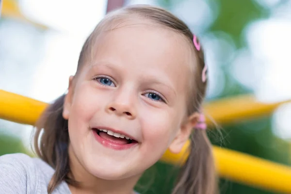 Happy Young Girl Close Portrait Outdoors Playground Shallow Depth Field — Stock Photo, Image