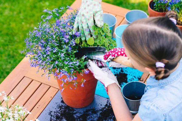 Madre Hija Plantando Flores Macetas Jardín Concepto Trabajar Juntos Cercanía —  Fotos de Stock