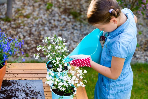 Niña Regando Flores Recién Plantadas Macetas —  Fotos de Stock