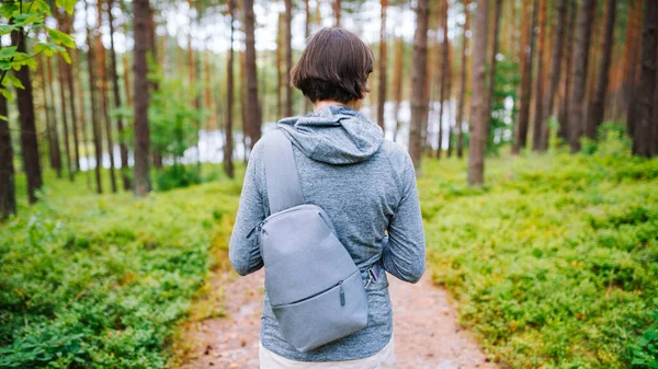 Woman Small Backpack Walk Summer Forest — Stock Photo, Image