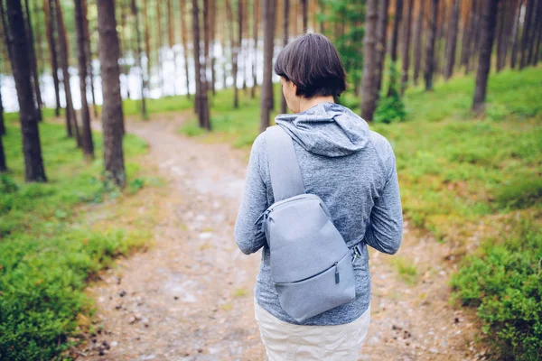 Woman Small Backpack Walk Sandy Path Blueberry Forest Summer — Stock Photo, Image