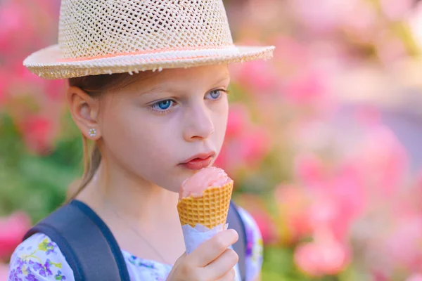 Маленькая Девочка Соломенной Шляпе Ест Мороженое Конусе Летний Солнечный День — стоковое фото