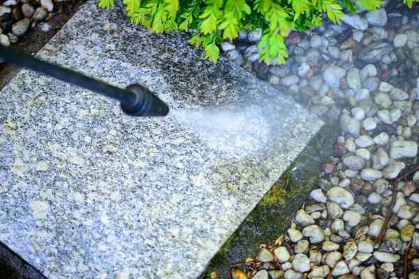 Cleaning Pressure Washer Granite Garden Slabs Washing Water High Pressure — Stock Photo, Image