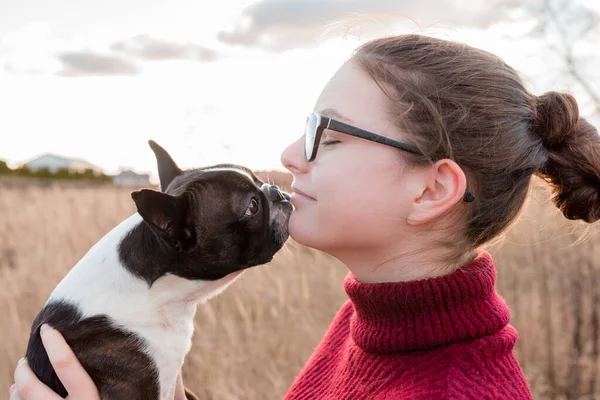 Teenage Smiling Girl Glasses Closed Eyes Holding Boston Terrier Dog — Stock Photo, Image