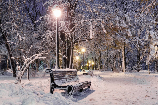 Winter evening in the park, snow-covered benches, bright lights illuminate white snow, New Year's Eve with snow, Kiev, Ukraine