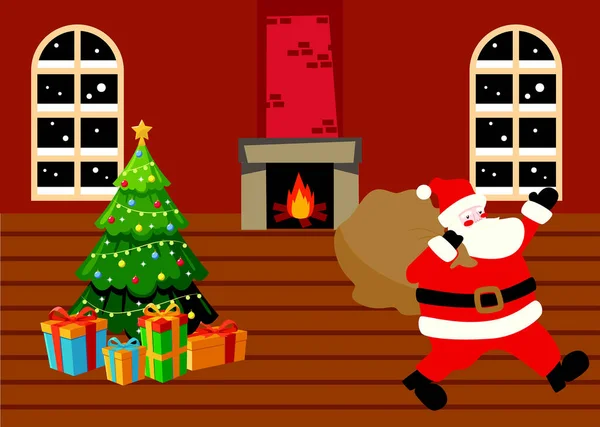 Casa Navidad Decorada Con Santa Claus Árbol Chimenea Ventanas — Vector de stock