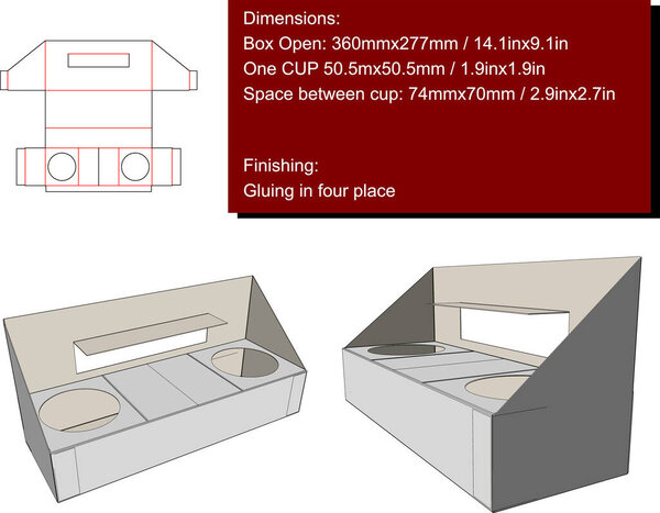 Holder for two cups and meal space box die cut vector