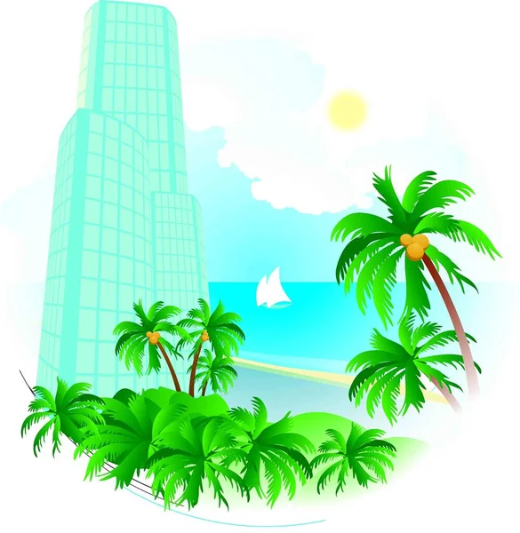 Illustratie Van Een Hotel Met Palmbomen Zee Strand Met Mooie — Stockvector