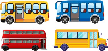 Beyaz arkaplan vektörlü farklı otobüslerin canlandırması