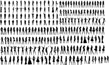 Beyaz arkaplan vektörüyle farklı pozisyonlardaki kadın ve erkeğin çizim silueti