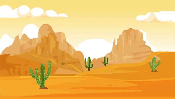 Salida Del Sol Desierto Cactus Montañas Estilo Dibujos Animados Vector — Archivo Imágenes Vectoriales