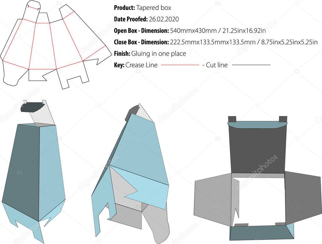 Tapered box packaging structural design die cut vector