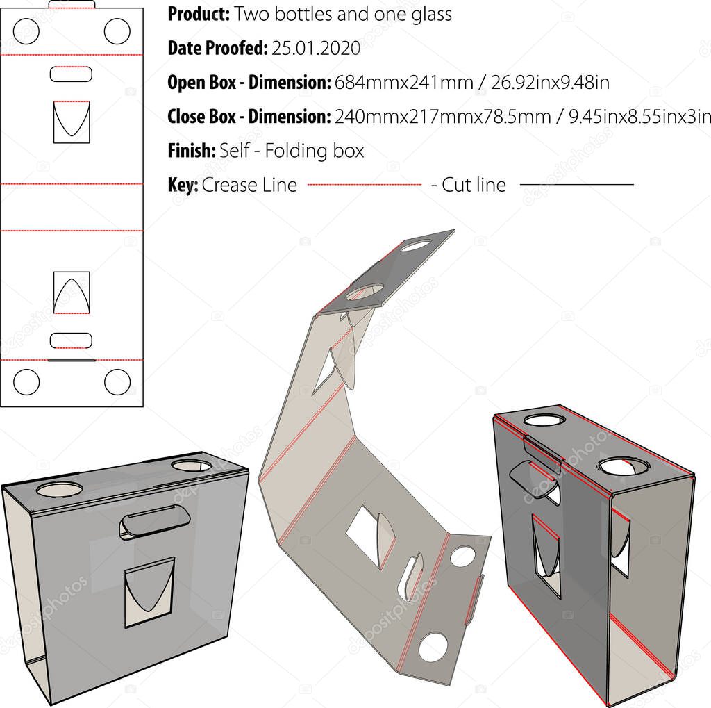 Two bottles and one glass box template die cut vector