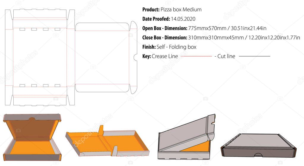 Pizza box medium packaging template self lock die cut vector