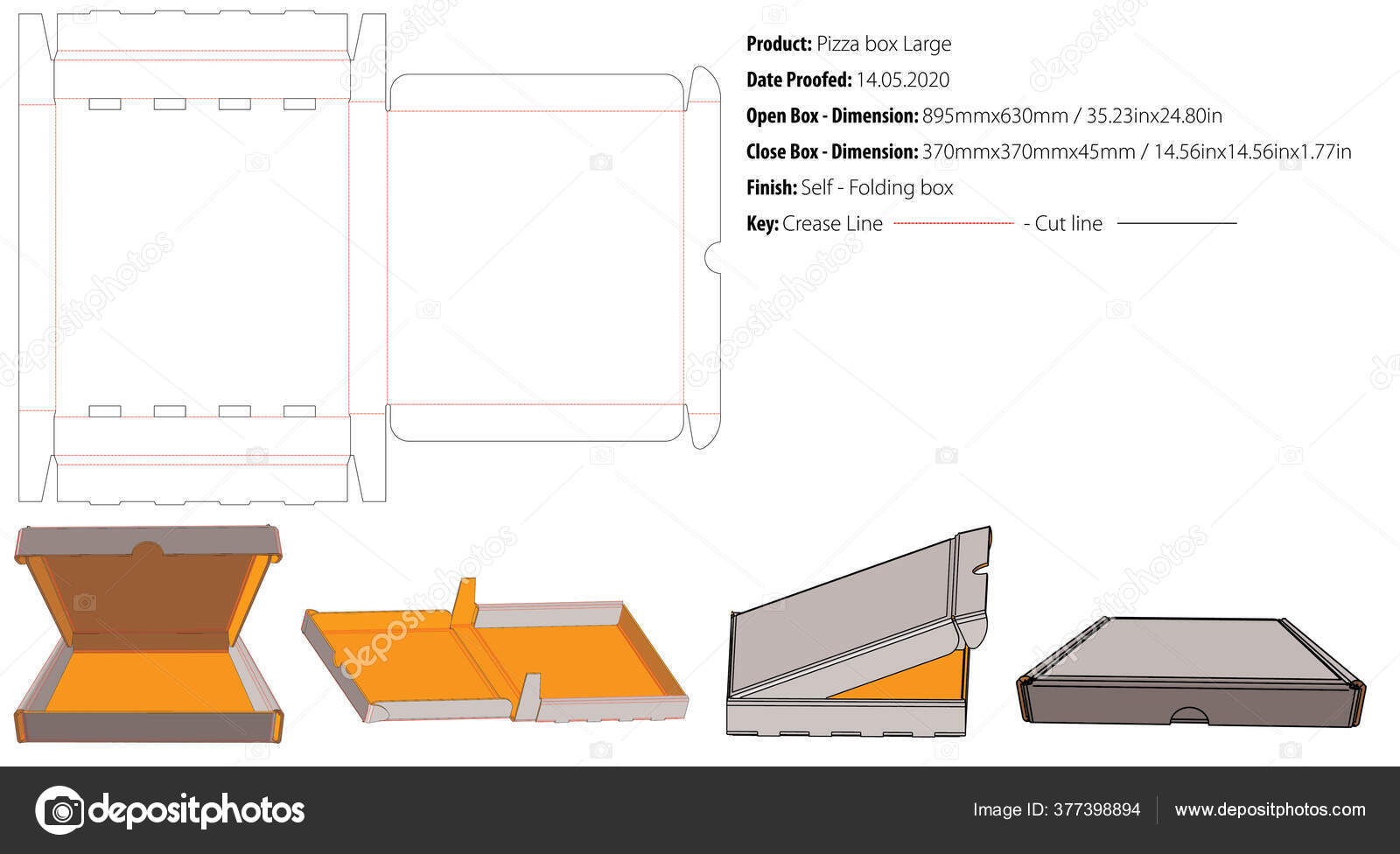 Pizza Box Large Packaging Template Self Lock Die Cut Vector Stock