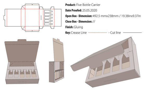 Luxury five bottle carrier packaging design template gluing die cut - vector
