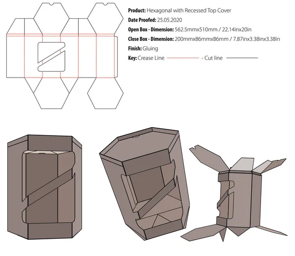 Sześciokątne Wpuszczoną Pokrywą Górną Projekt Opakowania Szablon Przyklejania Die Cut — Wektor stockowy