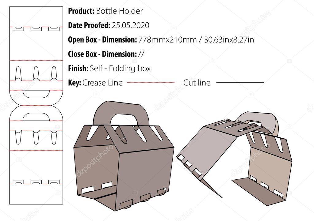 Bottle carrier double product row cap covered bottleneck - glued wrap-around with closed side panels carrying handle packaging design template gluing die cut - vector