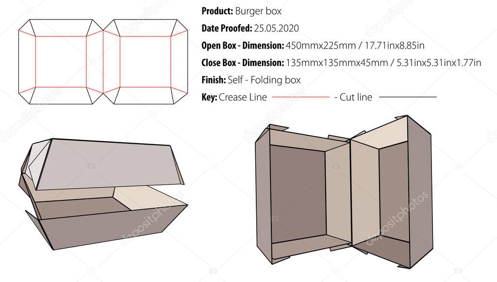 Burger box packaging design template selflock die cut - vector