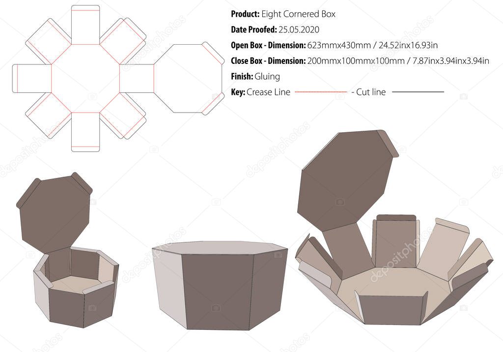 Eight cornered base box - locking flaps with fold-over ends expansion packaging design template gluing die cut - vector