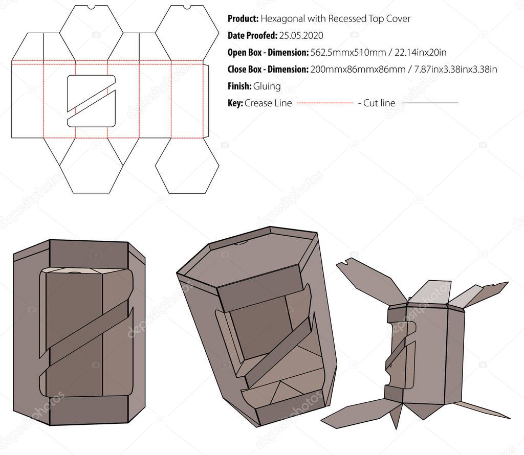Hexagonal with recessed top cover packaging design template gluing die cut - vector