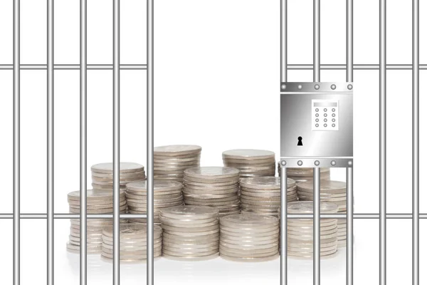 Financial security concept, pile of money in prison with security equipment