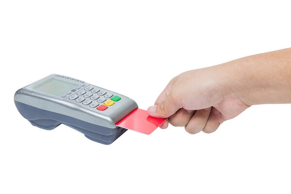 Кредитная карта для продажи через терминал на белом фоне
