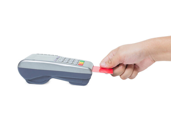 Кредитная карта для продажи через терминал на белом фоне
