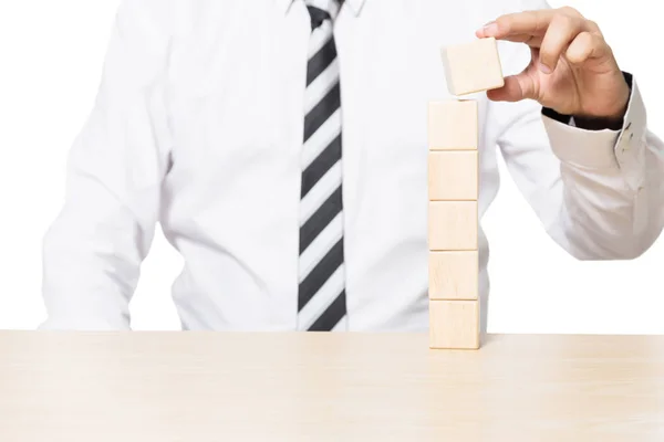 Close Hand Businessman Arranging Wooden Blocks Business Concept Growth Success — Stock Photo, Image