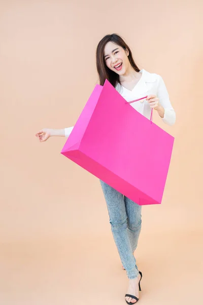 Retrato Hermosa Joven Sonriente Mujer Feliz Sosteniendo Bolsas Aisladas Sobre —  Fotos de Stock