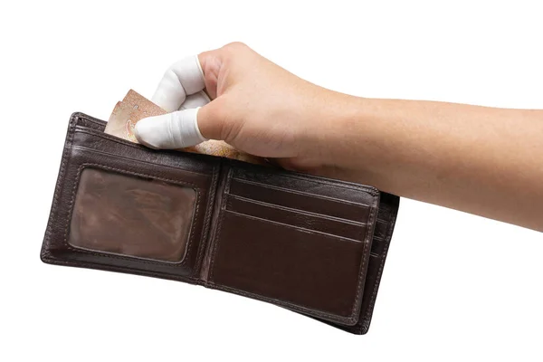 Hand Fingertip Glove Holds Money Wallet Protecting Itself Epidemic Virus — Stock Photo, Image