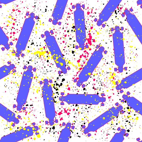 Patrón brillante sin costuras blanco contorno de dibujos animados monopatín, para niño y niña, sobre fondo de puntos Blob — Archivo Imágenes Vectoriales