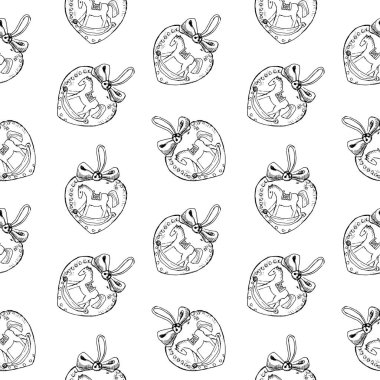 Vintage el seamless modeli çizilmiş kalp topları ve at oyuncaklar. Noel ve yeni yıl tasarım öğeleri