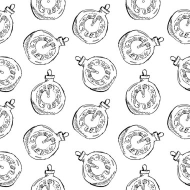 Dikişsiz desen vintage elle çizilmiş topları ve saat oyuncaklar. Noel ve yeni yıl tasarım öğeleri