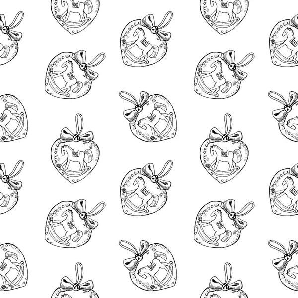 Vintage el seamless modeli çizilmiş kalp topları ve at oyuncaklar. Noel ve yeni yıl tasarım öğeleri