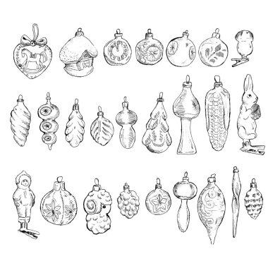 Vintage elle çizilmiş topları ve oyuncaklar. Noel ve yeni yıl tasarım öğeleri