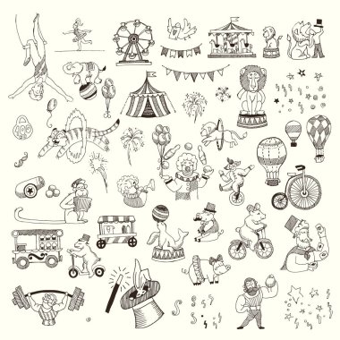 Doodle ayarla, sirk insanlar, hayvanlar, beyaz, siyah kontur boyama izole öğeleri
