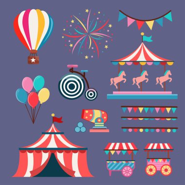 Beyaz, siyah kontur boyama izole düz ayarlamak, Sirk elemanları