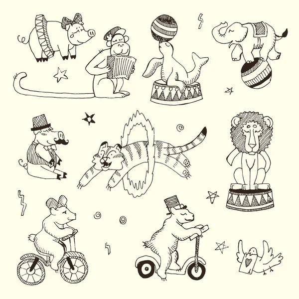 Doodle Ensemble d'animaux de cirque, éléments isolés sur blanc, contour noir pour la coloration — Image vectorielle