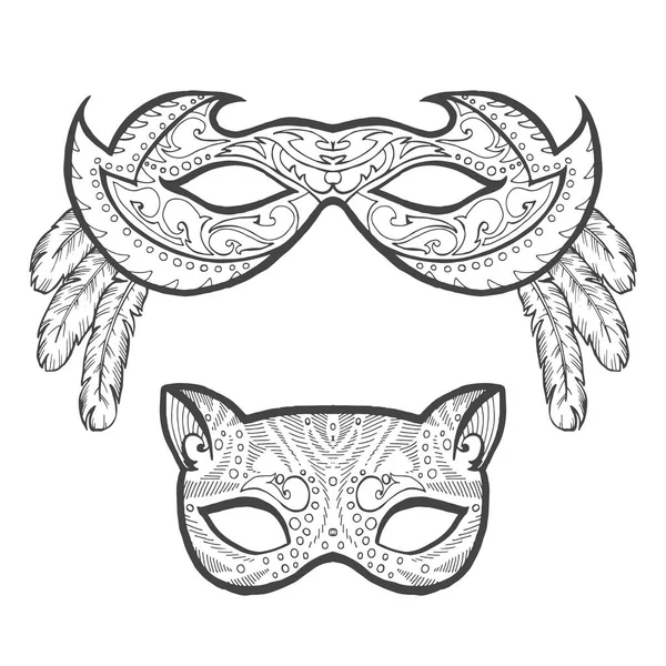 Conjunto de máscaras contorno Masquerade, contorno para colorir — Vetor de Stock