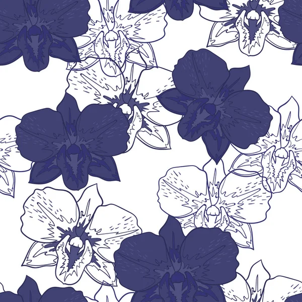 Naadloze blauw bloemmotief orchideeën — Stockvector