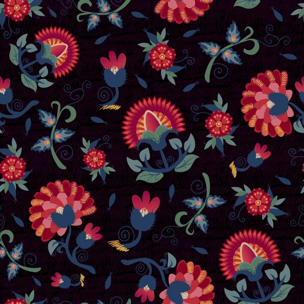 블랙에 빨간색 원활한 민족 꽃 패턴 — 스톡 벡터