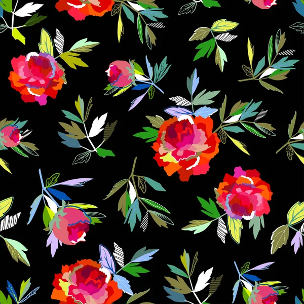 Naadloze abstract floral patroon rood op zwart voor meisje — Stockvector