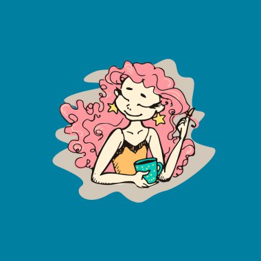 El çekilmiş kahve ya da çay onun elinde güzel şirin kızla.