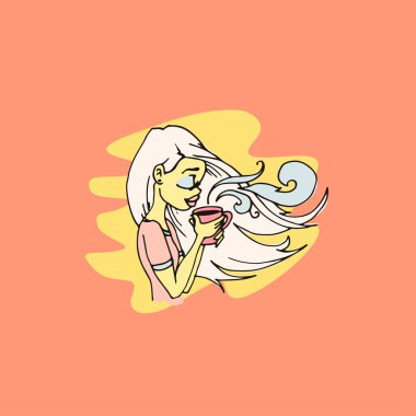 El çekilmiş kahve ya da çay onun elinde güzel şirin kızla.