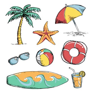 Parlak yaz dizi doodle etiket, el çizmek öğeleri