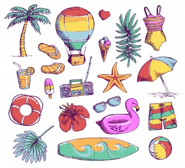 Parlak yaz dizi doodle etiket, el çizmek öğeleri