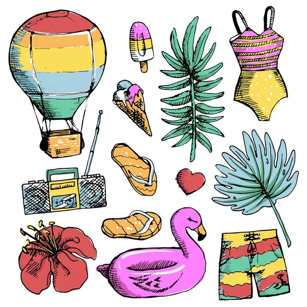 Conjunto de adesivo brilhante doodle verão, mão desenhar elementos — Vetor de Stock
