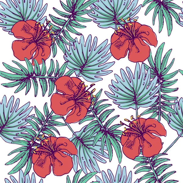 Verano colorido patrón hawaiano sin costuras con plantas tropicales y flores de hibisco — Vector de stock