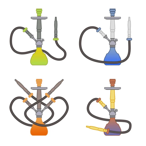 Set of icon Hookahs for tobacco smoking made of metal with long hookah hose Isolated On White Background — Stock Vector